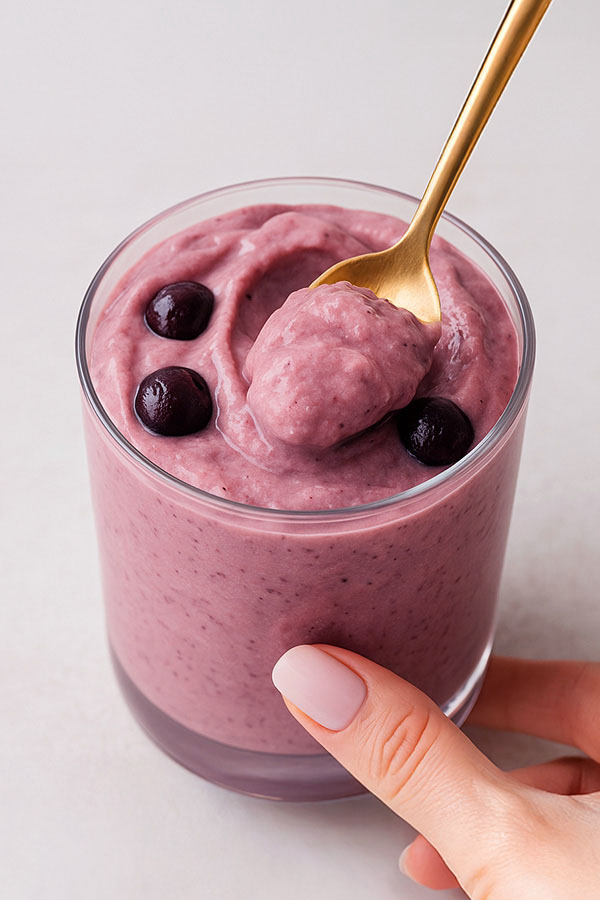 Cherry cheesecake protein ice cream with spoon A creamy scoop of cherry cheesecake protein ice cream being lifted from a glass with a gold spoon, garnished with dark cherries
