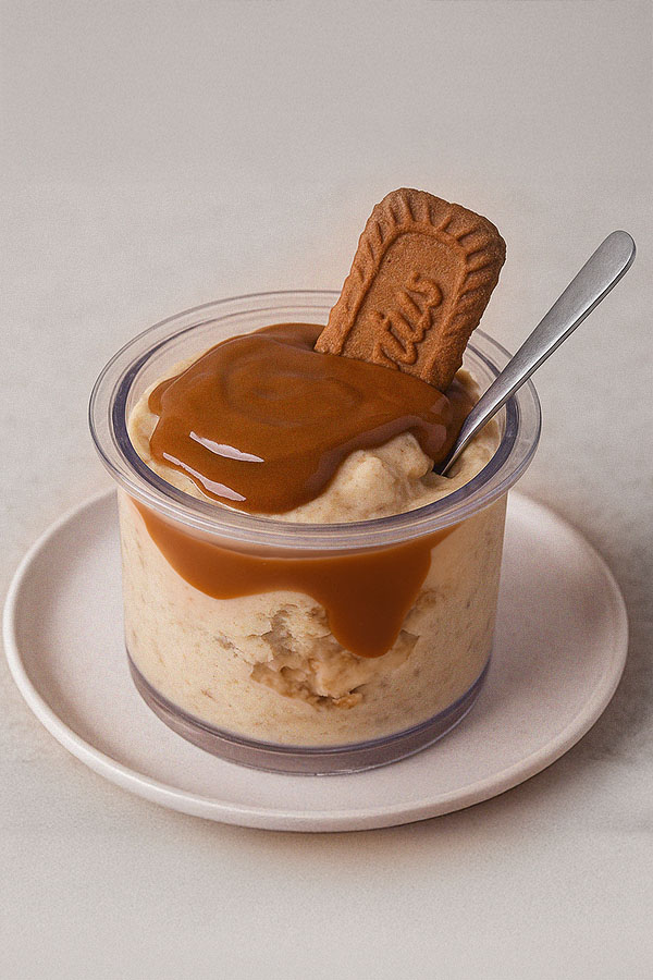 Biscoff Ice Cream Ninja Creami Protein Recipe Studio-style image of a clear pint filled with Biscoff protein ice cream, neatly topped with glossy Biscoff spread and a biscuit, served on a white plate with a clean beige background