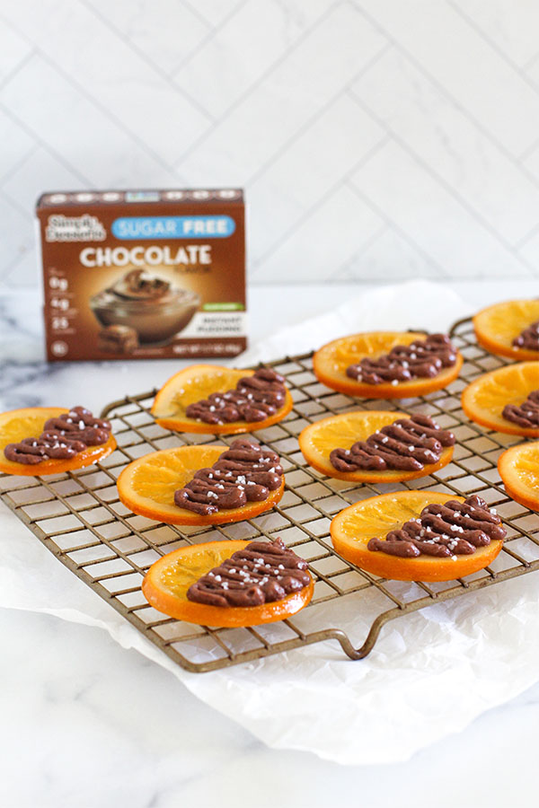 Simply Desserts Sugar free chocolate dessert made with Simply Desserts pudding on candied orange slices